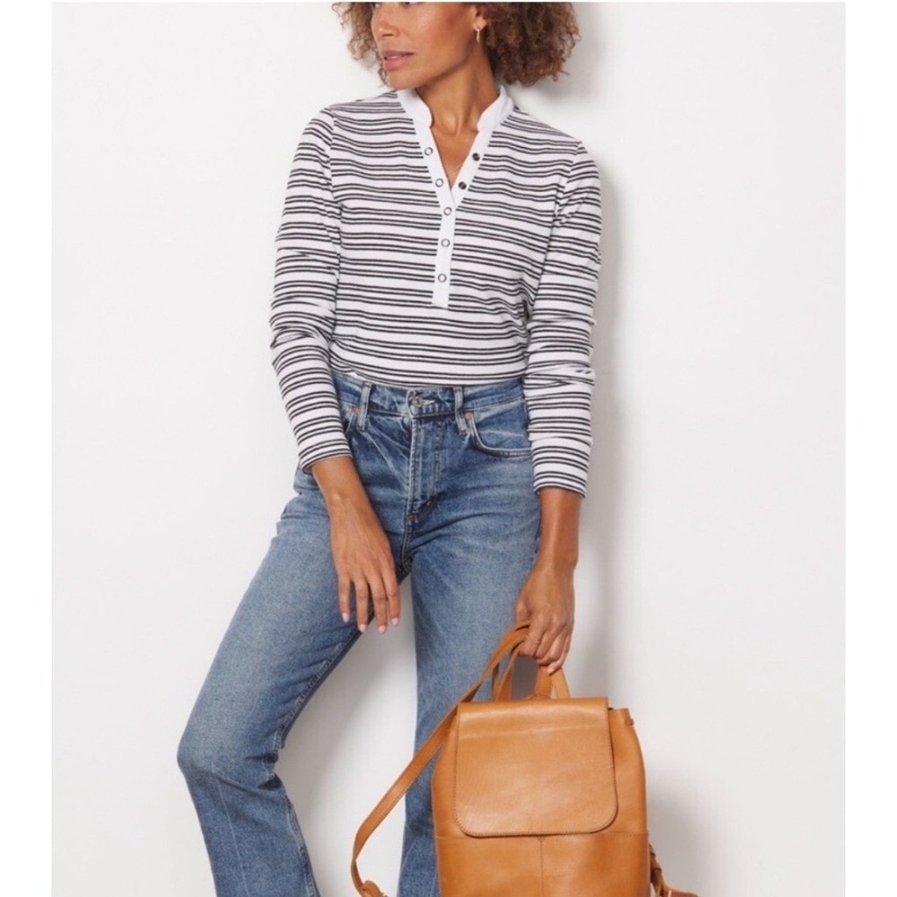 Evereve Milo Black White Striped Ribbed Long Sleeve Henley Top Large - Picture 2 of 5
